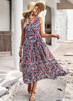 Sleeveless V-Neck Floral Print Loose Flared Midi Dress