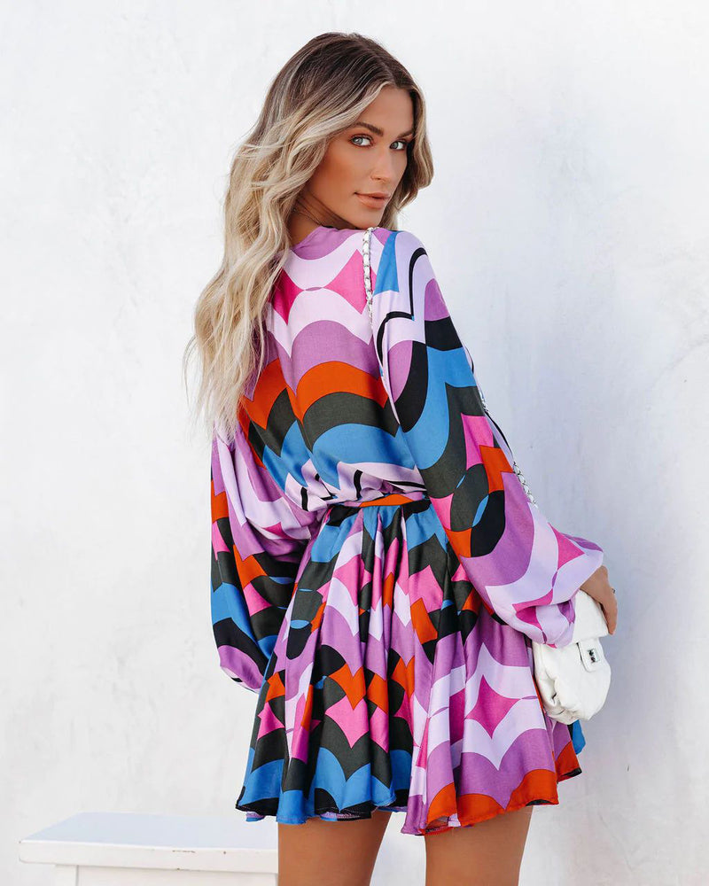 Fashion Long Sleeve Printed Pleated Mini Dress