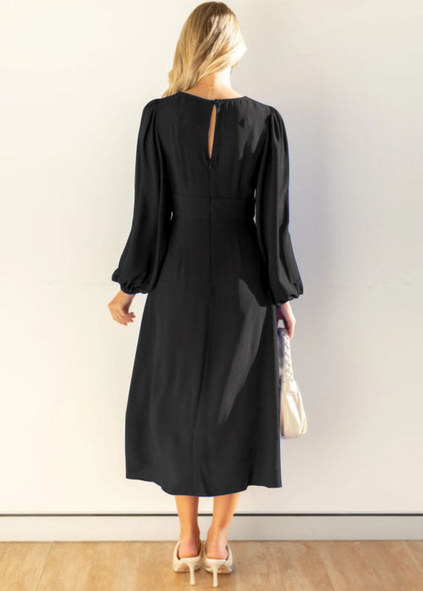 Elegant Long Sleeve V-Neck Solid Maxi Dress