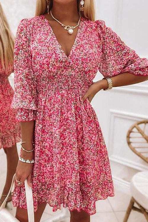 Floral V Neck Elastic Waist Mini Dress