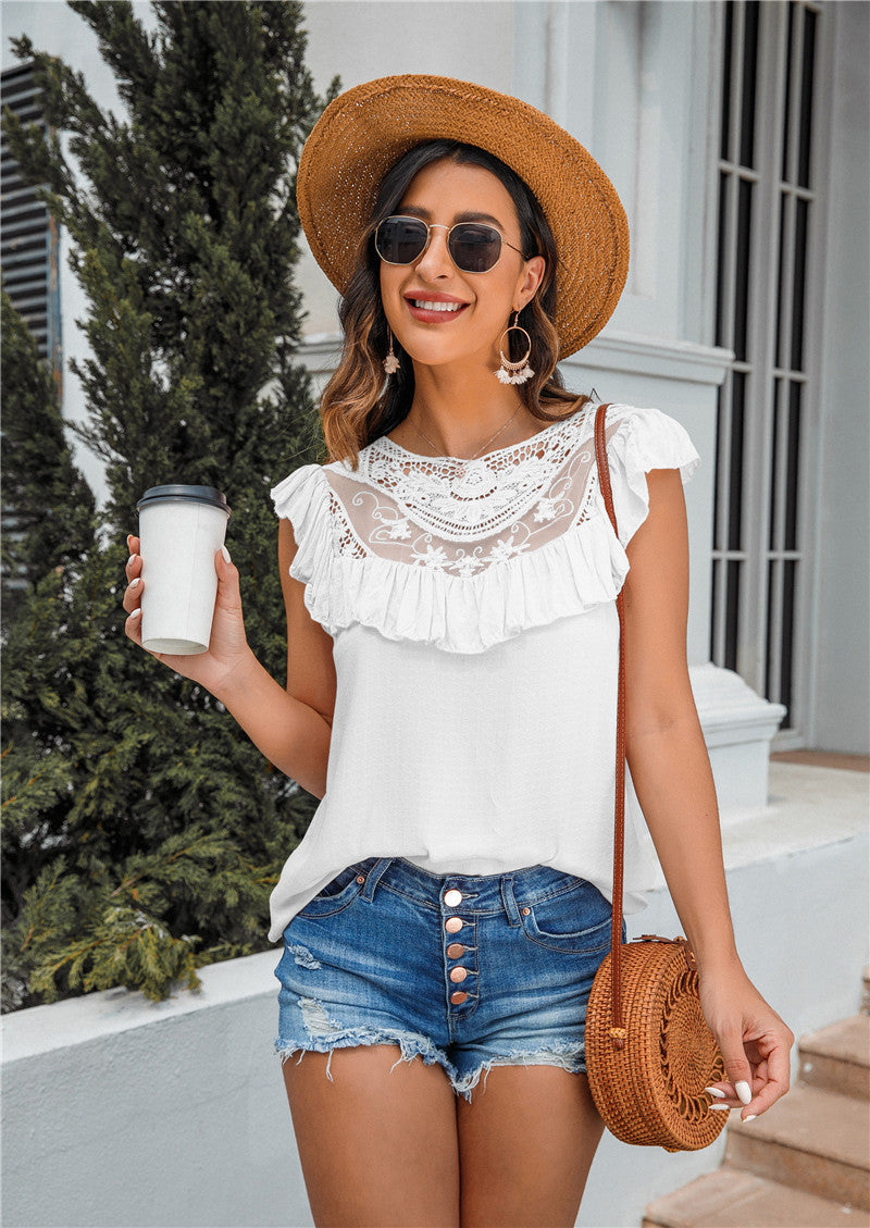 Casual Round Lace Neck Sleeveless Top