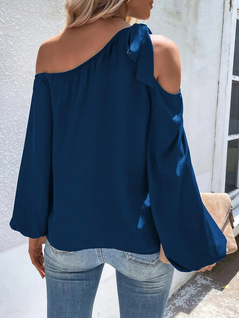 Cold Offshoulder Long Sleeve Solid Color Loose Blouse Top