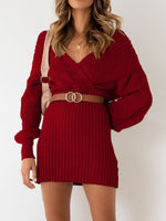 Casual Off Shoulder Long Sleeve V-Neck Belt Knit Mini Dress