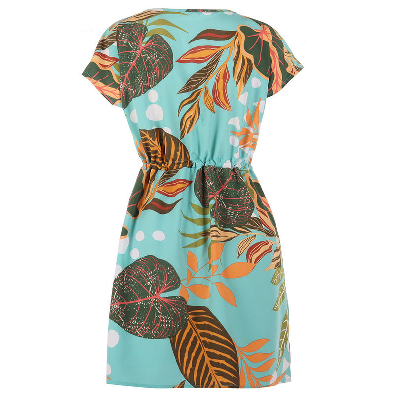 Short Sleeve V-Neck Waisted Leaves Print Mini Dress