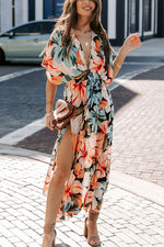 Floral Deep V Neck Side Split Maxi Dress