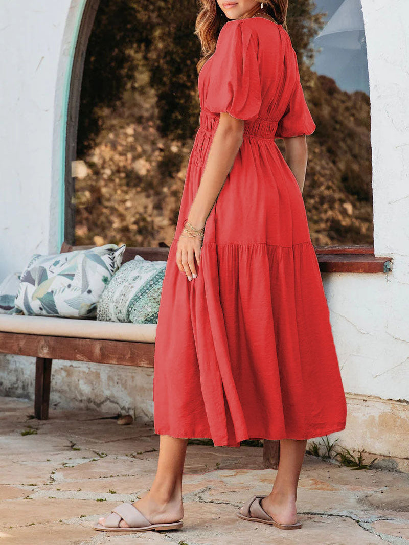 Puff Short Sleeve O-Neck Solid Loose Midi Dress