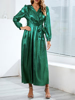 Shinny Long Sleeve Tie Waist Maxi Dress