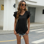 Loose Cap Sleeve V Neck Solid Color Top