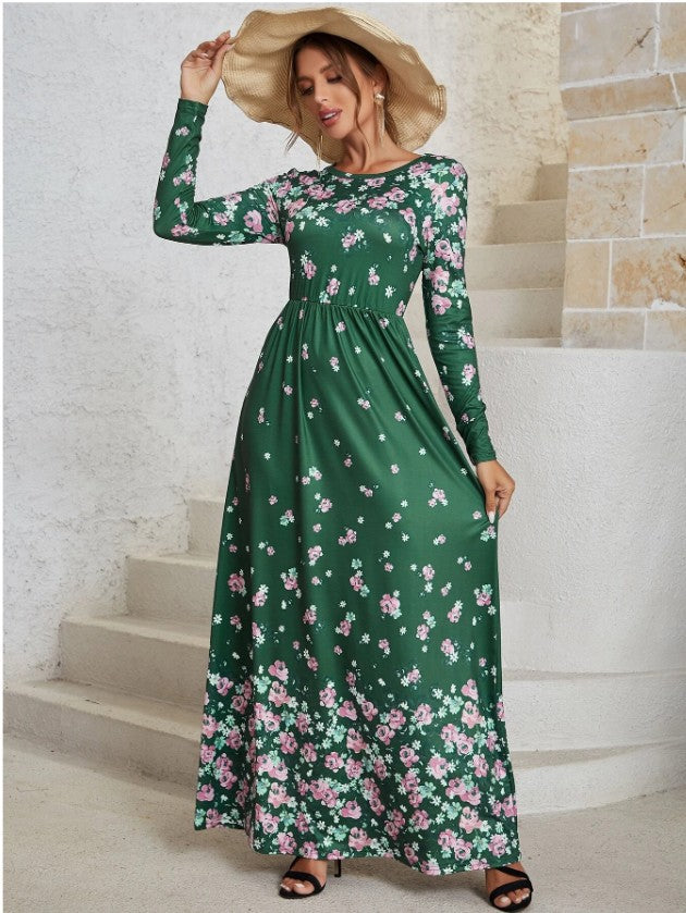 Fashion Floral Print Long Sleeve O-Neck Maxi Dress