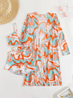 Three Piece Drawstring Printed Bikini High Waisted Short and Long Sleeve Cover Up Swimwear Set