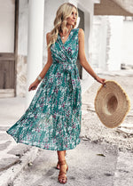 Sleeveless V-Neck Floral Print Loose Flared Midi Dress