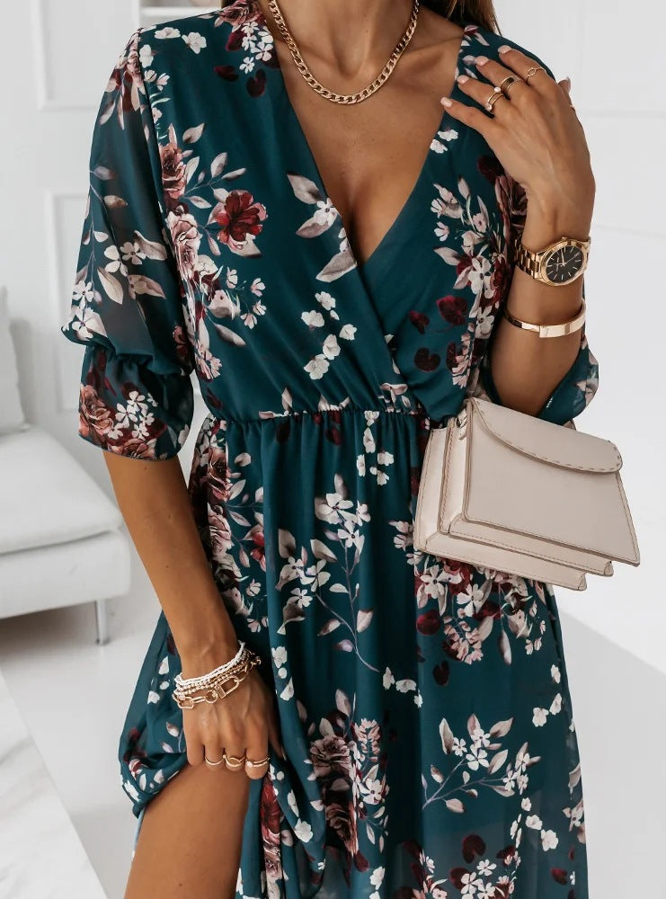 Short Sleeve Flowy V Neck Side Split Maxi Dress