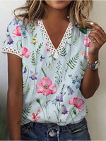 Fashion V-Neck Short Sleeve Floral Print Top Blouse