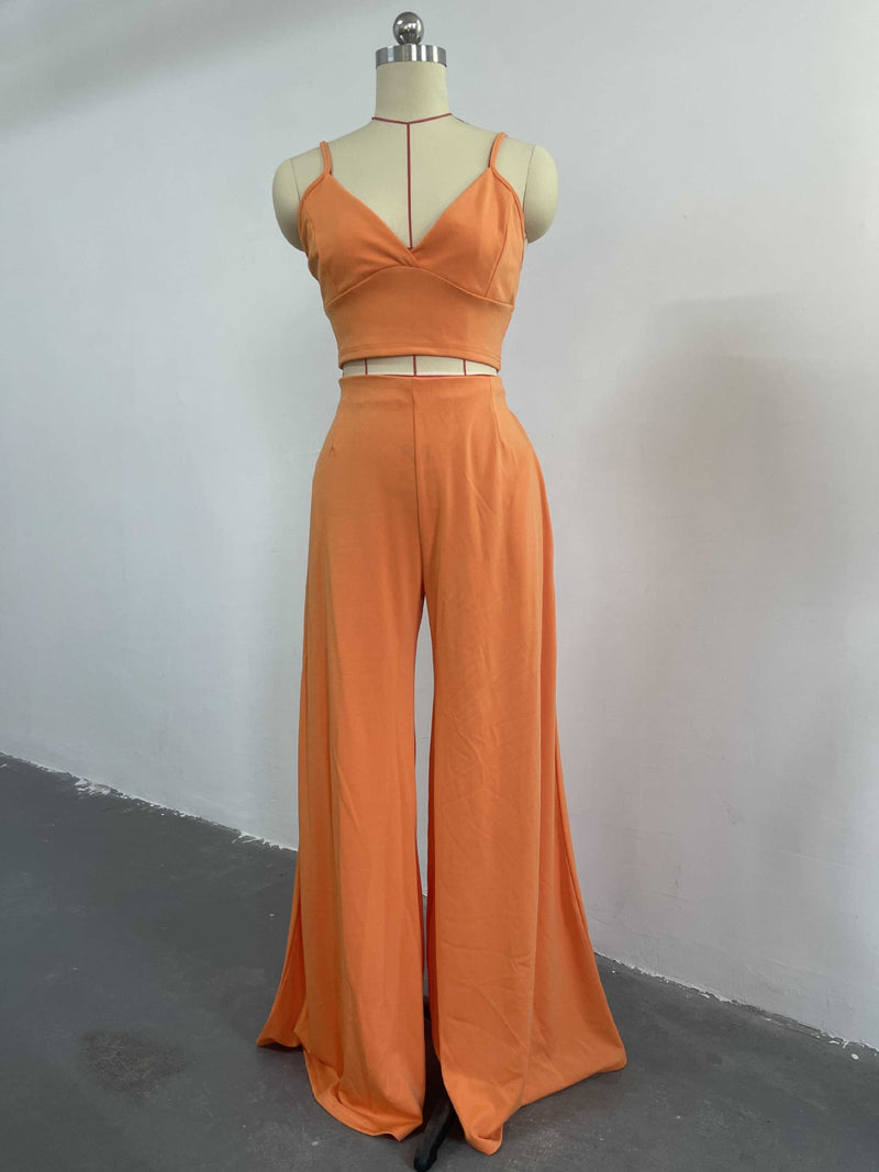 Two Piece Sleeveless V-Neck Crop Top and Wide Leg Solid Pants Set