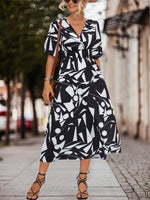 Short Sleeve V-Neck Printed Flared Midi Dress