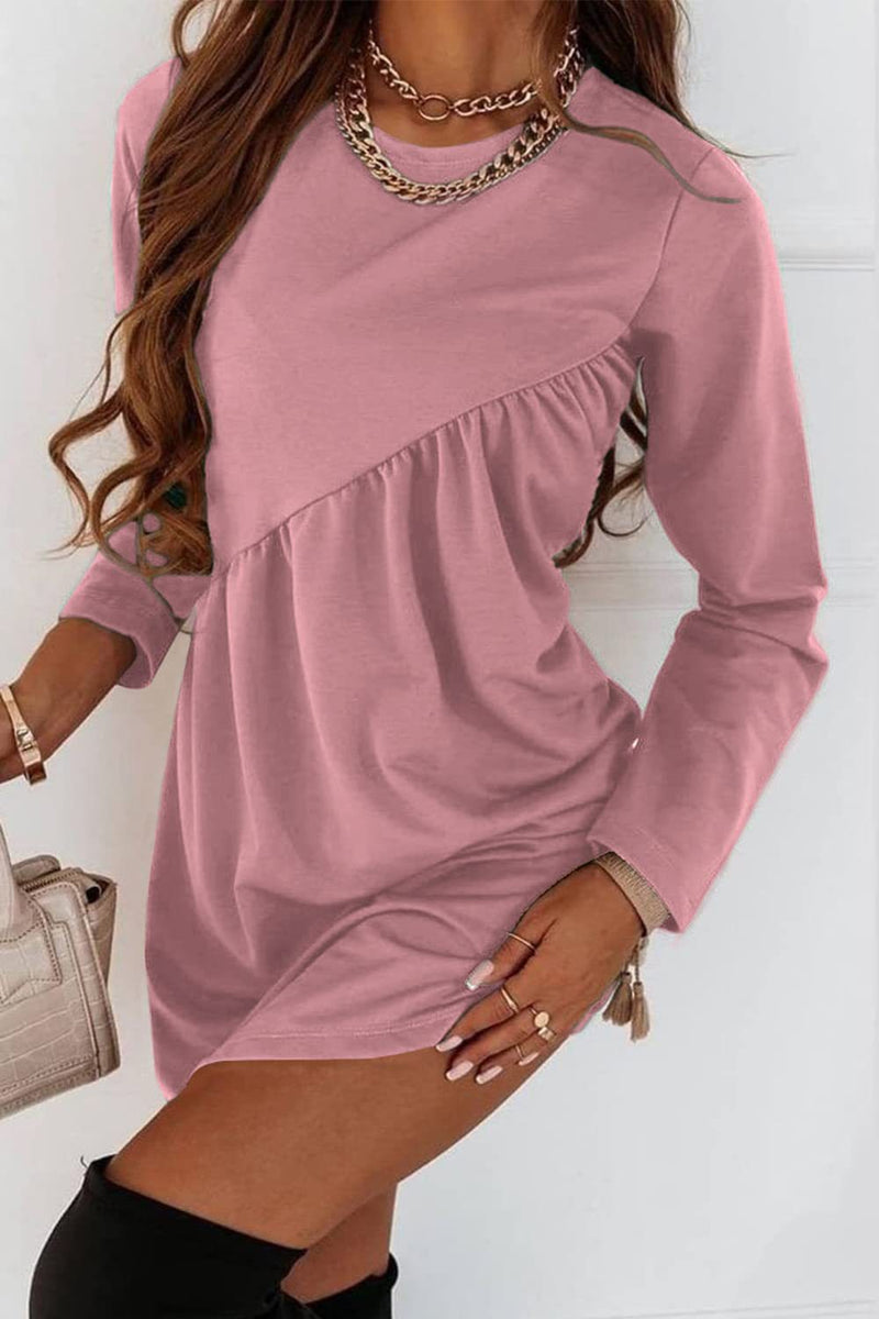 Fashion Long Sleeve O-Neck Solid Colour Mini Dress