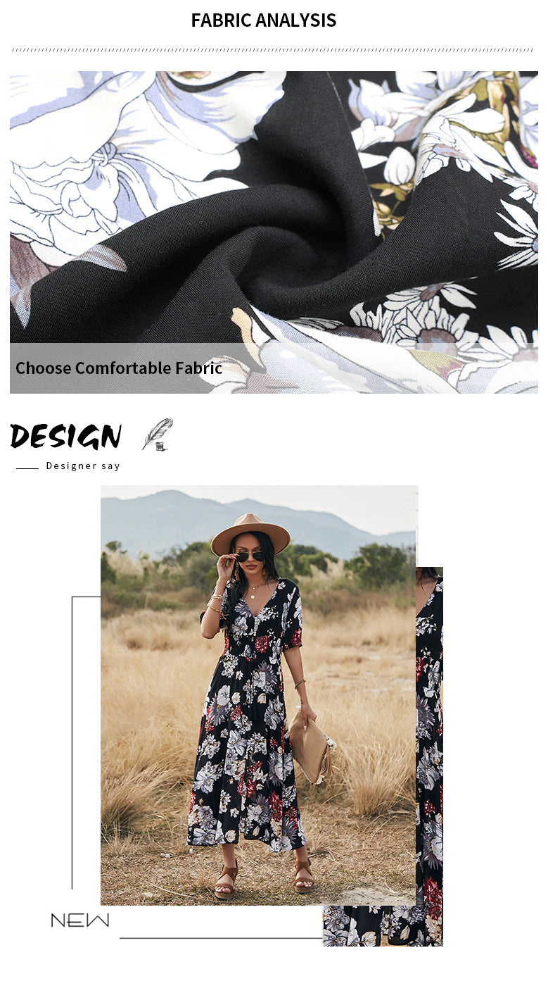 Elegant Short Sleeve V Neck Floral Maxi Dress