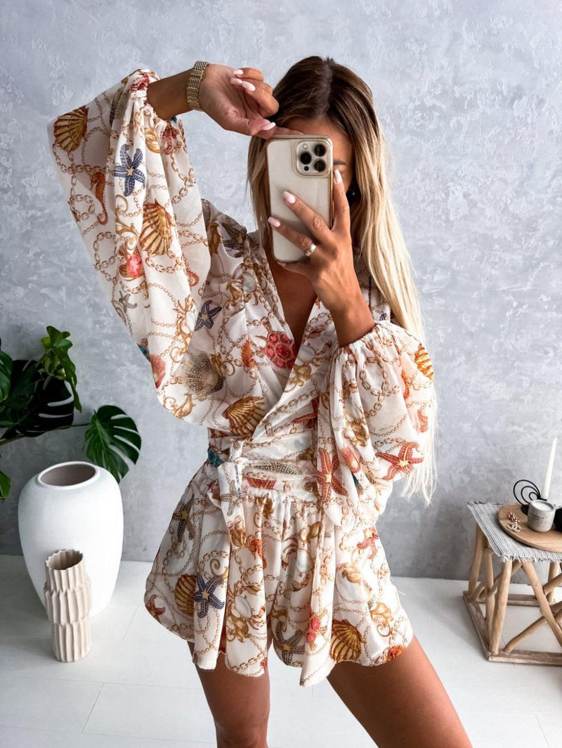 Stylish Wide Sleeve Deep V Neck Tie Waist Floral Mini Dress