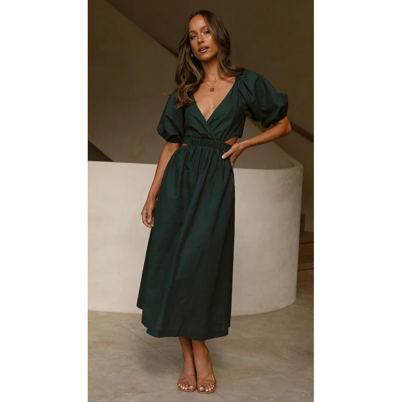 Puff Short Sleeve V Neck High Waist Maxi Dress