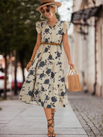 Elegant V-Neck Ruffle Short Sleeve Printed Midi Dress