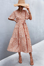 Polka Dot V Neck Short Sleeve Elastic Waist Maxi Dress