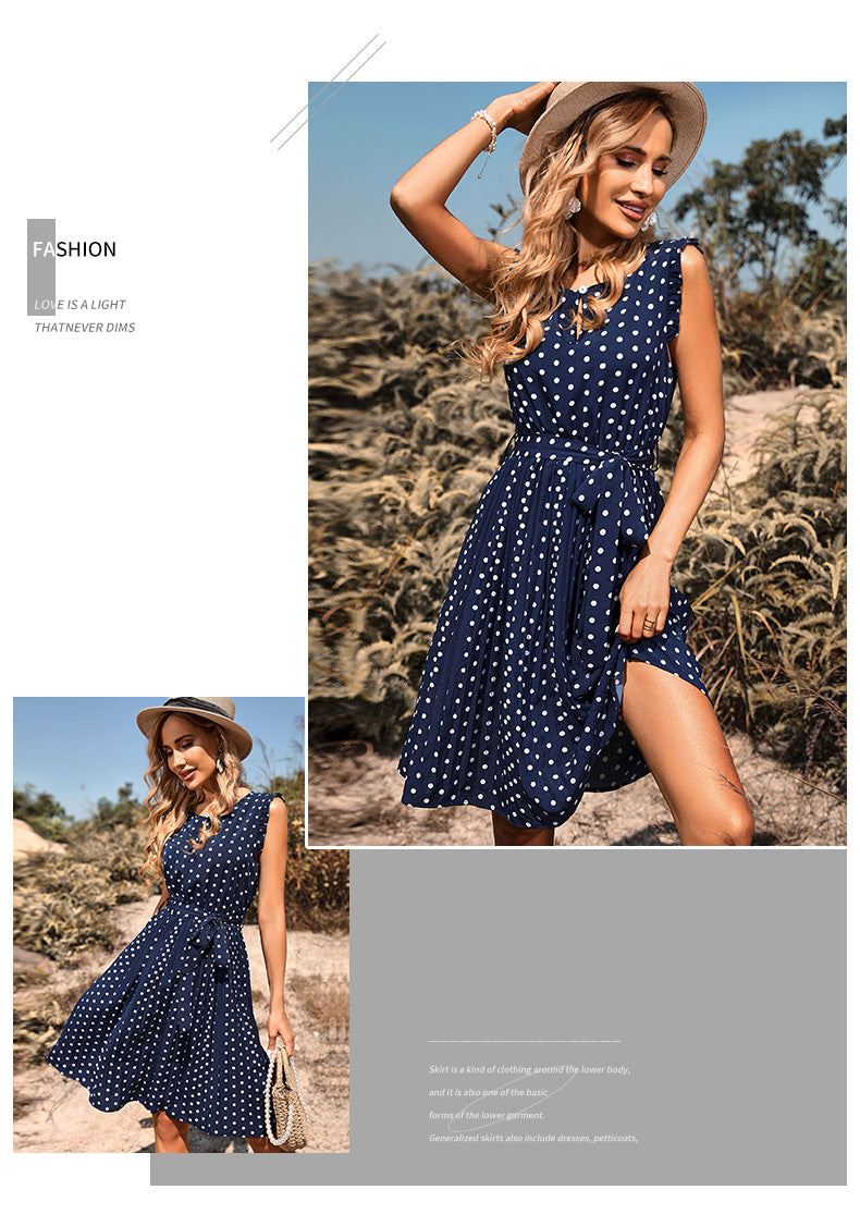 Waist Tie Polka Dot Sleeveless Mini Dress