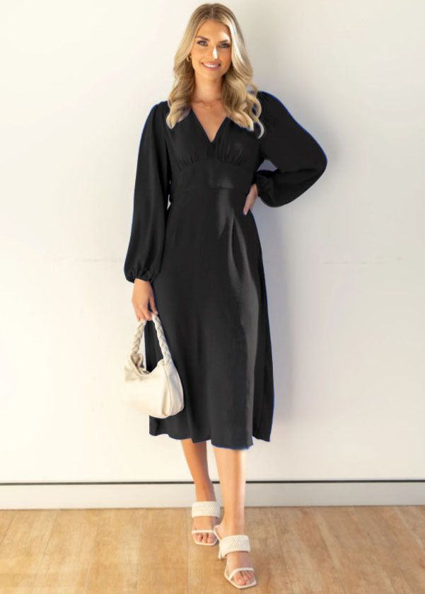 Elegant Long Sleeve V-Neck Solid Maxi Dress