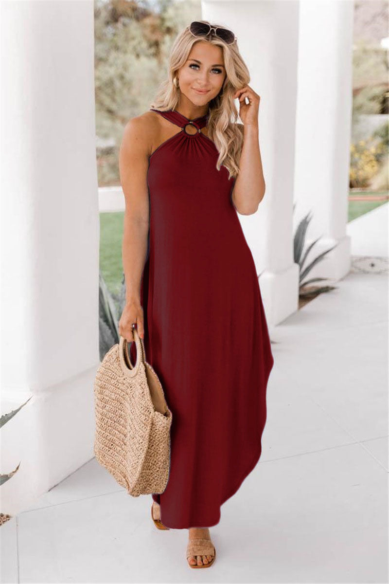 Solid Color Halter Neck Sleeveless Maxi Dress