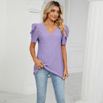 Casual V Neck Short Sleeve Solid Color Top