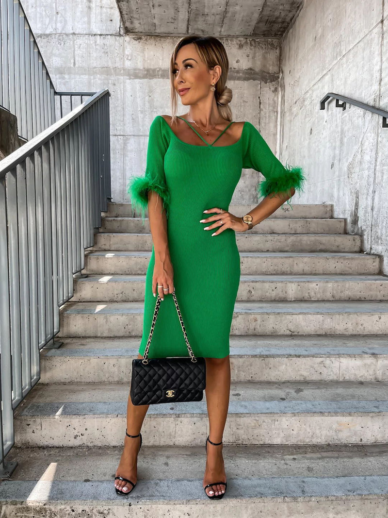 Elegant Off Shoulder Slim Fitted Solid Midi Dress