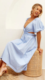 Puff Short Sleeve V Neck High Waist Maxi Dress