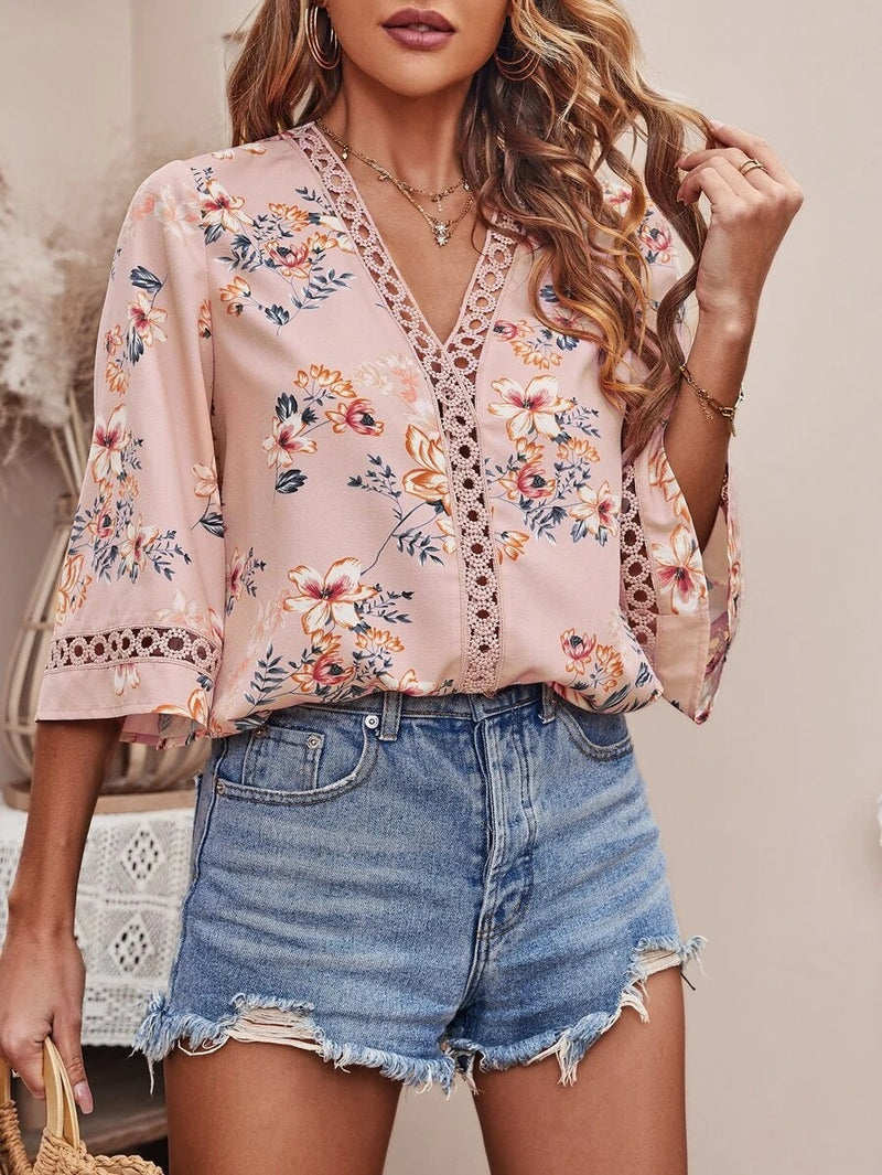 Floral V Neck Stylish Blouse Top