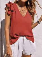 V-Neck Ruffle Short Sleeve Solid Loose Blouse