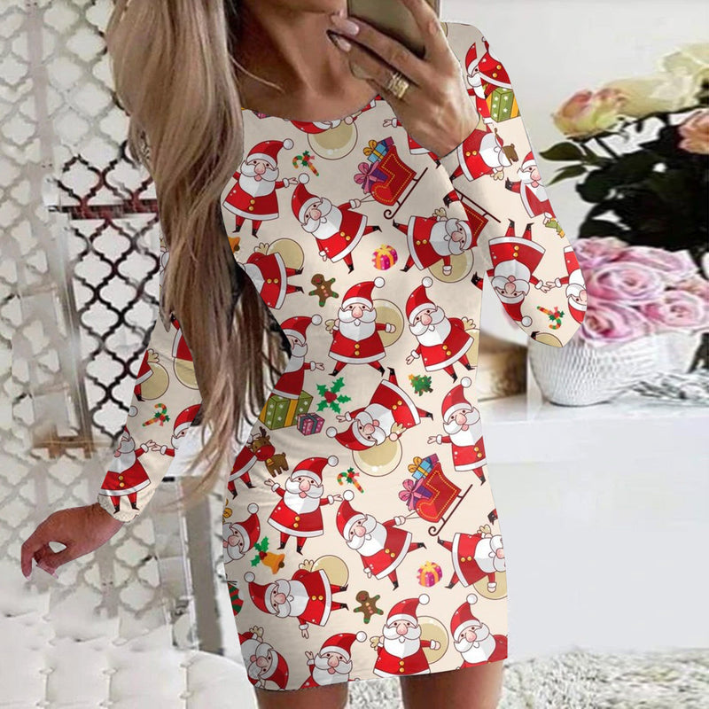 Fashion Round Neck Long Sleeve Print Mini Dress