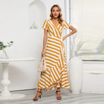 Fashion V-Neck Short Sleeve Striped Loose Maxi Dress