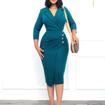 Elegant Solid Turn-Down Collar 3/4 Sleeve Bodycon Midi Dress