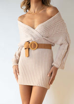 Casual Off Shoulder Long Sleeve V-Neck Belt Knit Mini Dress