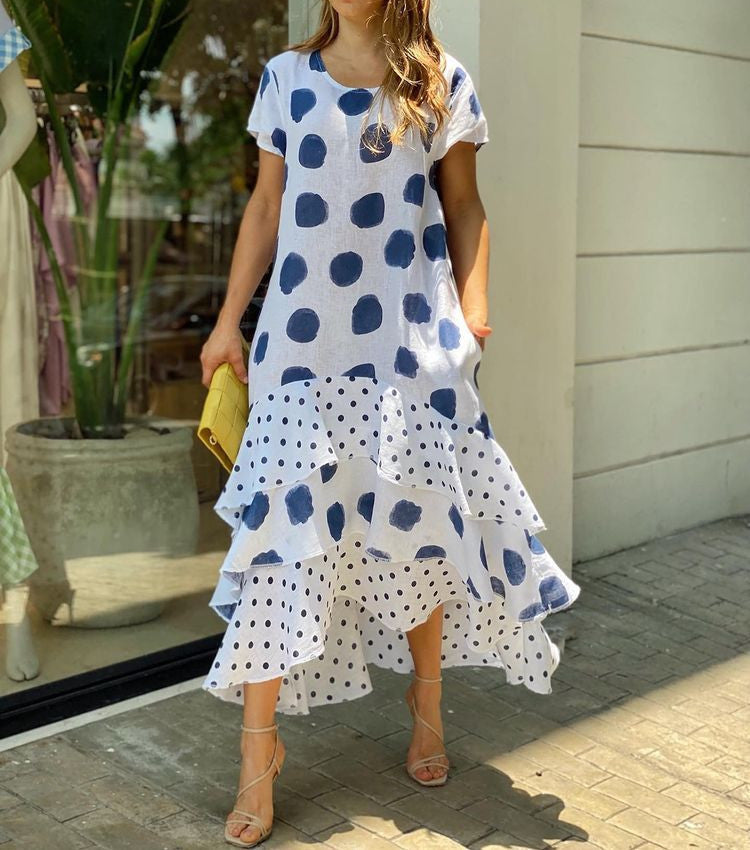 Polka Dot Scoop Neck Short Sleeve Maxi Dress