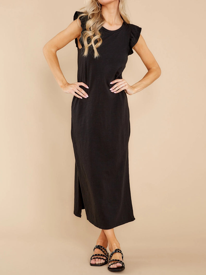 O-Neck Solid Color Double Split Midi Dress