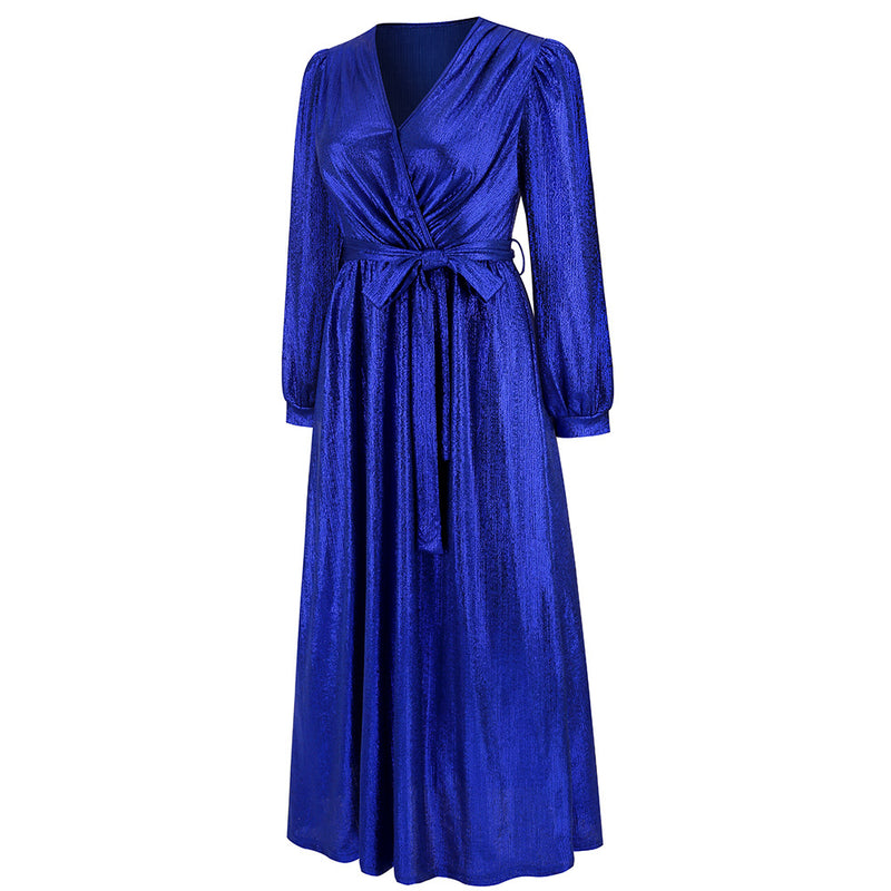 Shinny Long Sleeve Tie Waist Maxi Dress