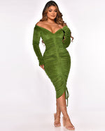 Deep V-Neck Drawstring Ruched Velvet Bodycon Midi Dress