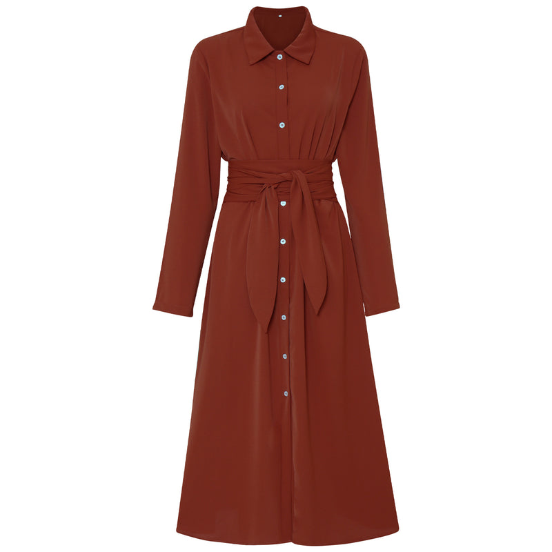 Button Down Collar Long Sleeve Midi Dress