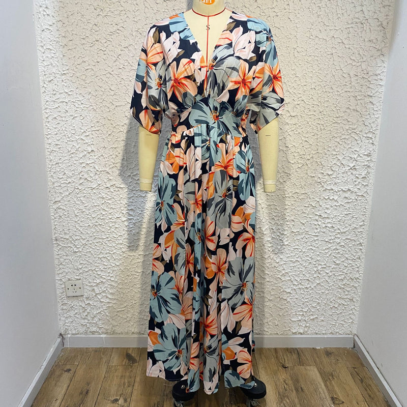 Floral Deep V Neck Side Split Maxi Dress