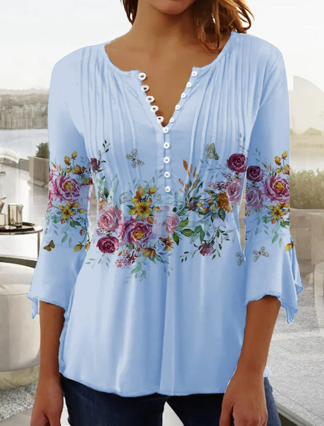 V-Neck Floral Print 3/4 Sleeve Loose Blouse Top