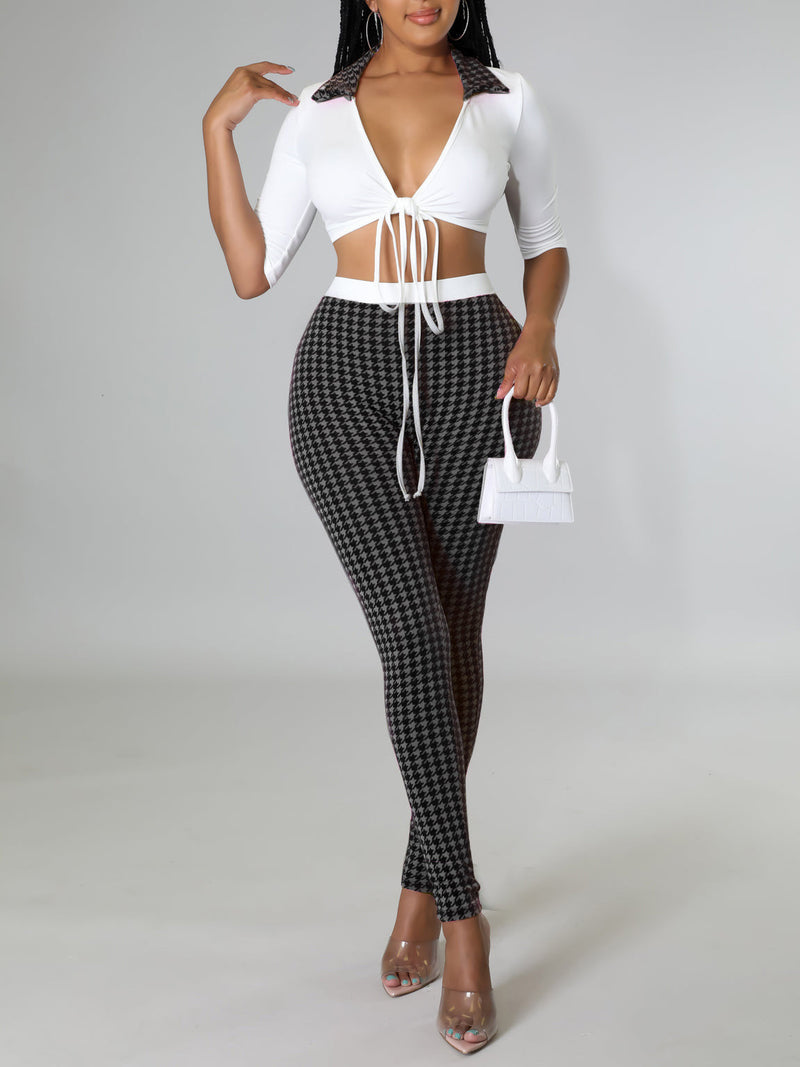 Two Pieces Deep V-Neck Crop Top Tigh High Waist Pant Set