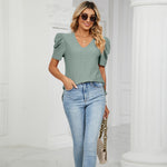 Casual V Neck Short Sleeve Solid Color Top