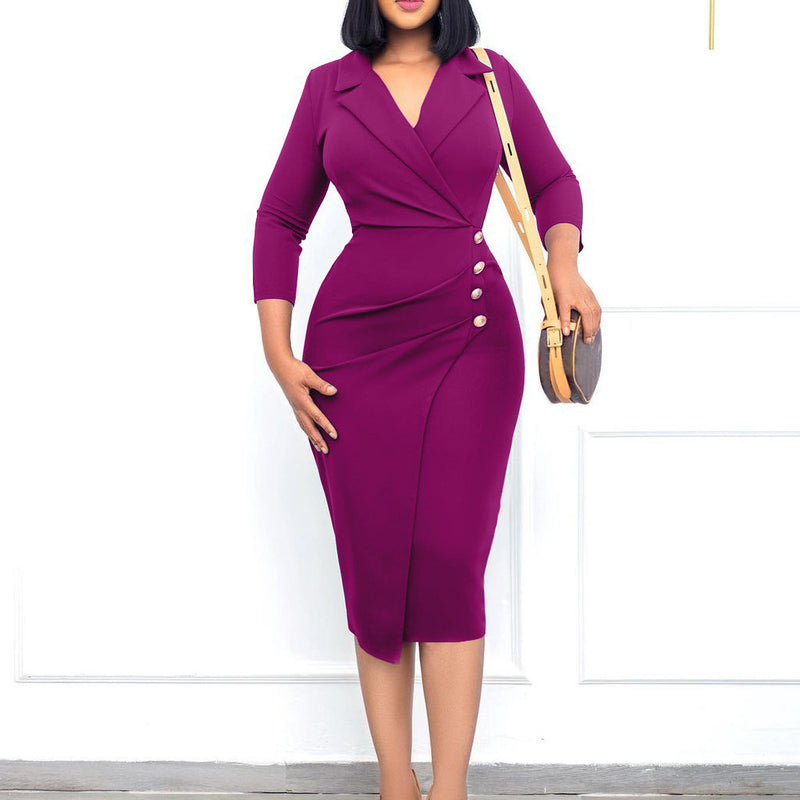 Elegant Solid Turn-Down Collar 3/4 Sleeve Bodycon Midi Dress