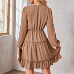 Elegant Long Sleeve Swiss Dot V-Neck Mini Dress