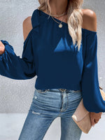 Cold Offshoulder Long Sleeve Solid Color Loose Blouse Top