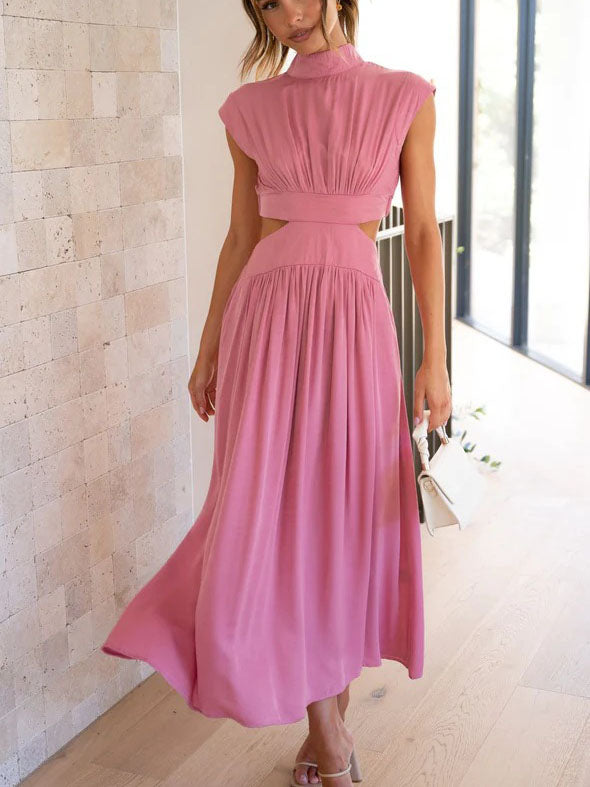 Elegant O-Neck Sleeveless Cut Out Solid Maxi Dress